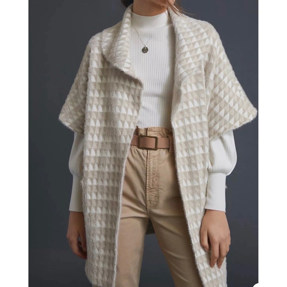 Anthropologie Poncho Cardigan Women One‎ Size Tan Excellent Geometric Boho Cozy